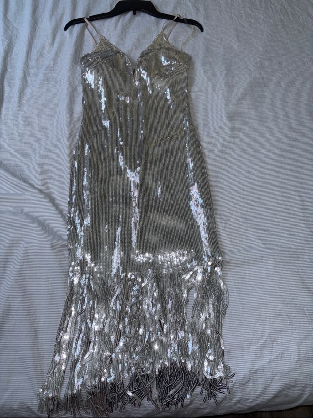 Windsor Silver Sequin Fringe Midi Dress